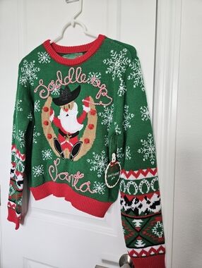 NWT Planet Heart Green 'Saddle Up Santa' Holiday Sweater Size M